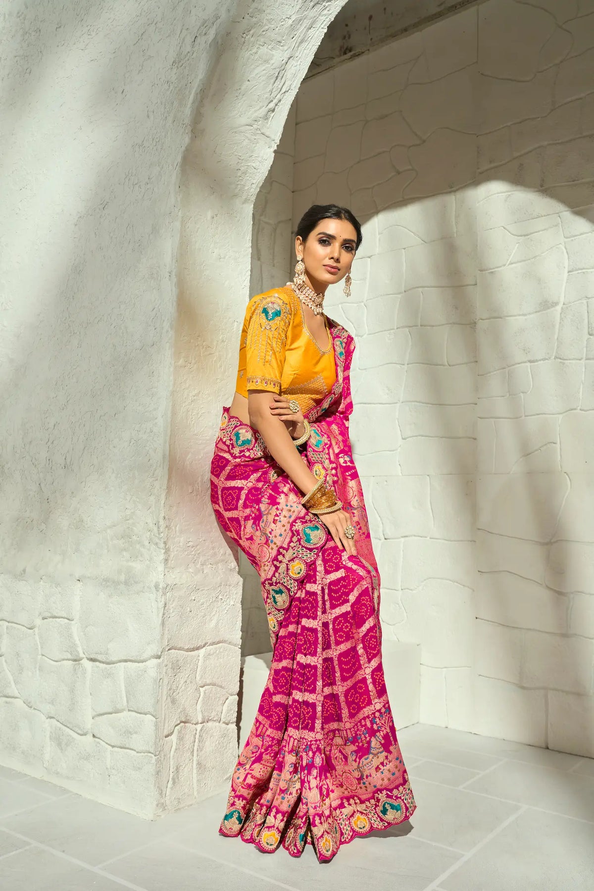 Rani Pink Georgette Heavy Bandhej Saree