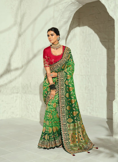 Green Georgette Heavy Bandhej Saree