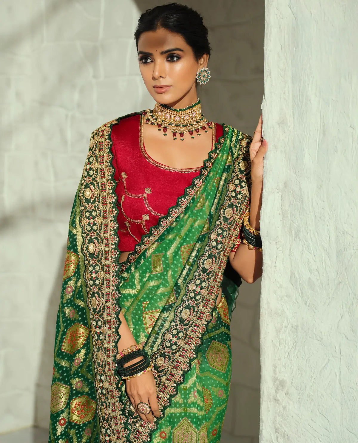 Green Georgette Heavy Bandhej Saree