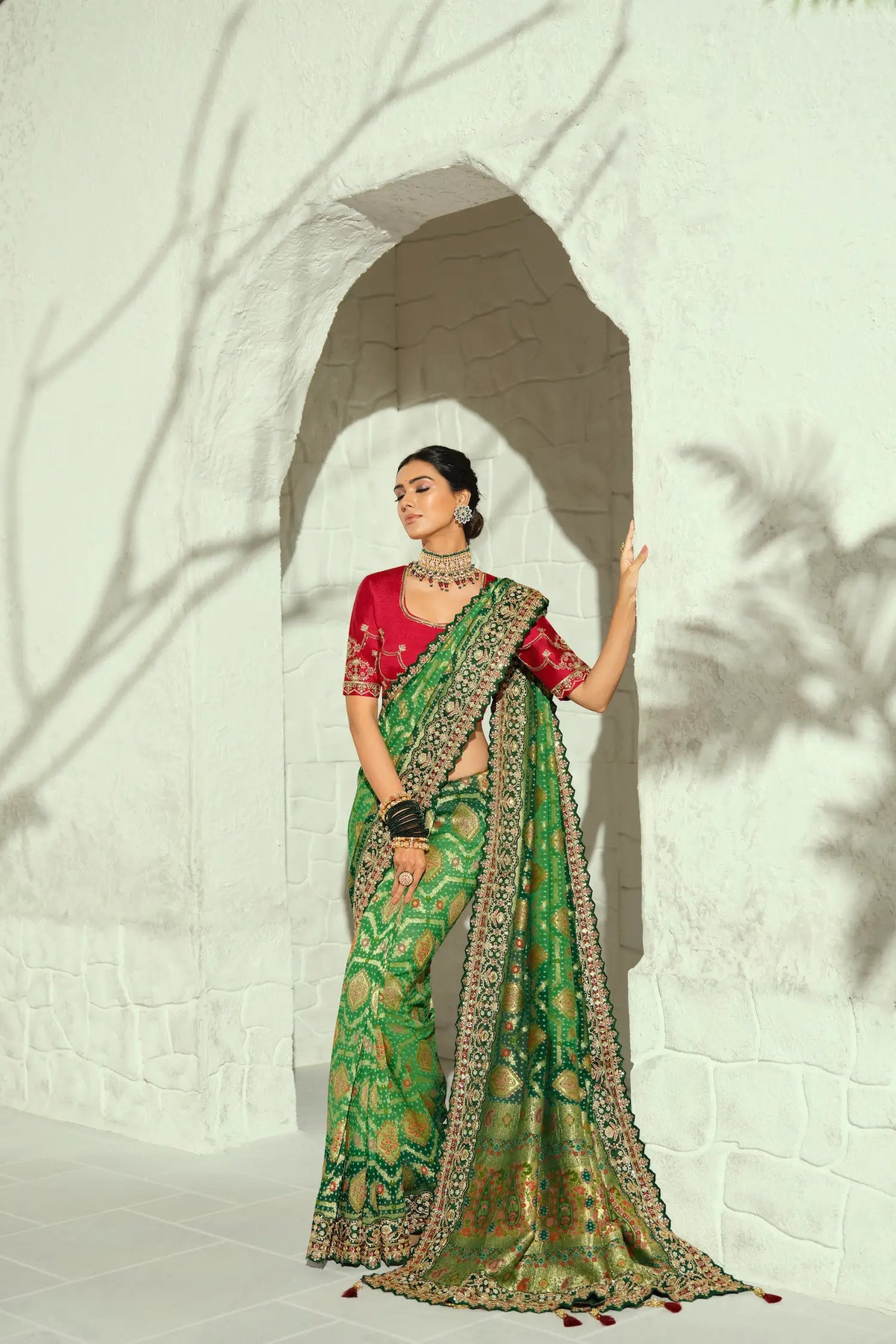 Green Georgette Heavy Bandhej Saree