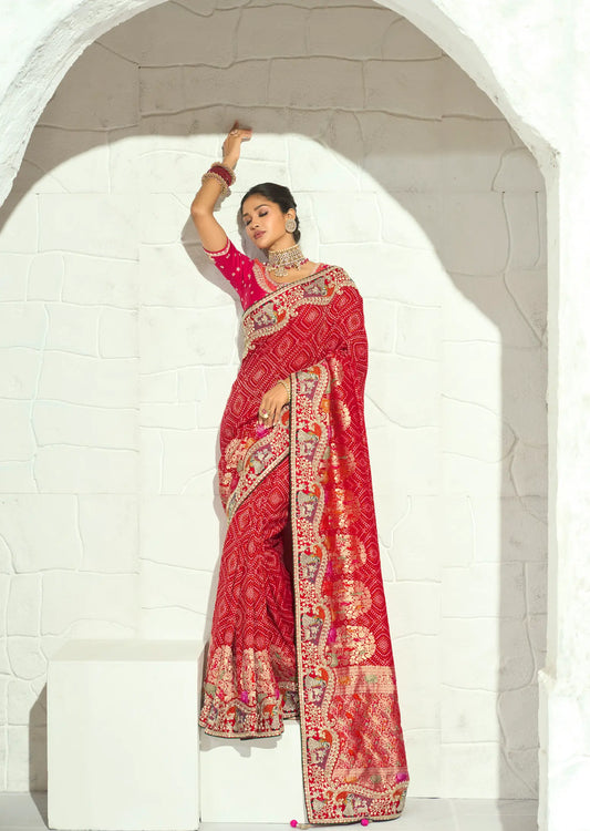 Orangy Red Georgette Heavy Bandhej Saree