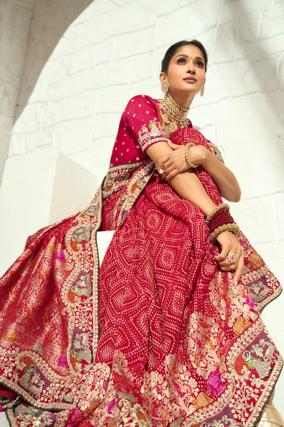 Orangy Red Georgette Heavy Bandhej Saree