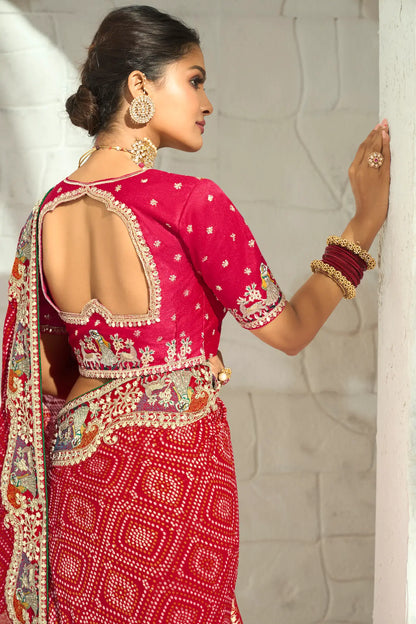 Orangy Red Georgette Heavy Bandhej Saree