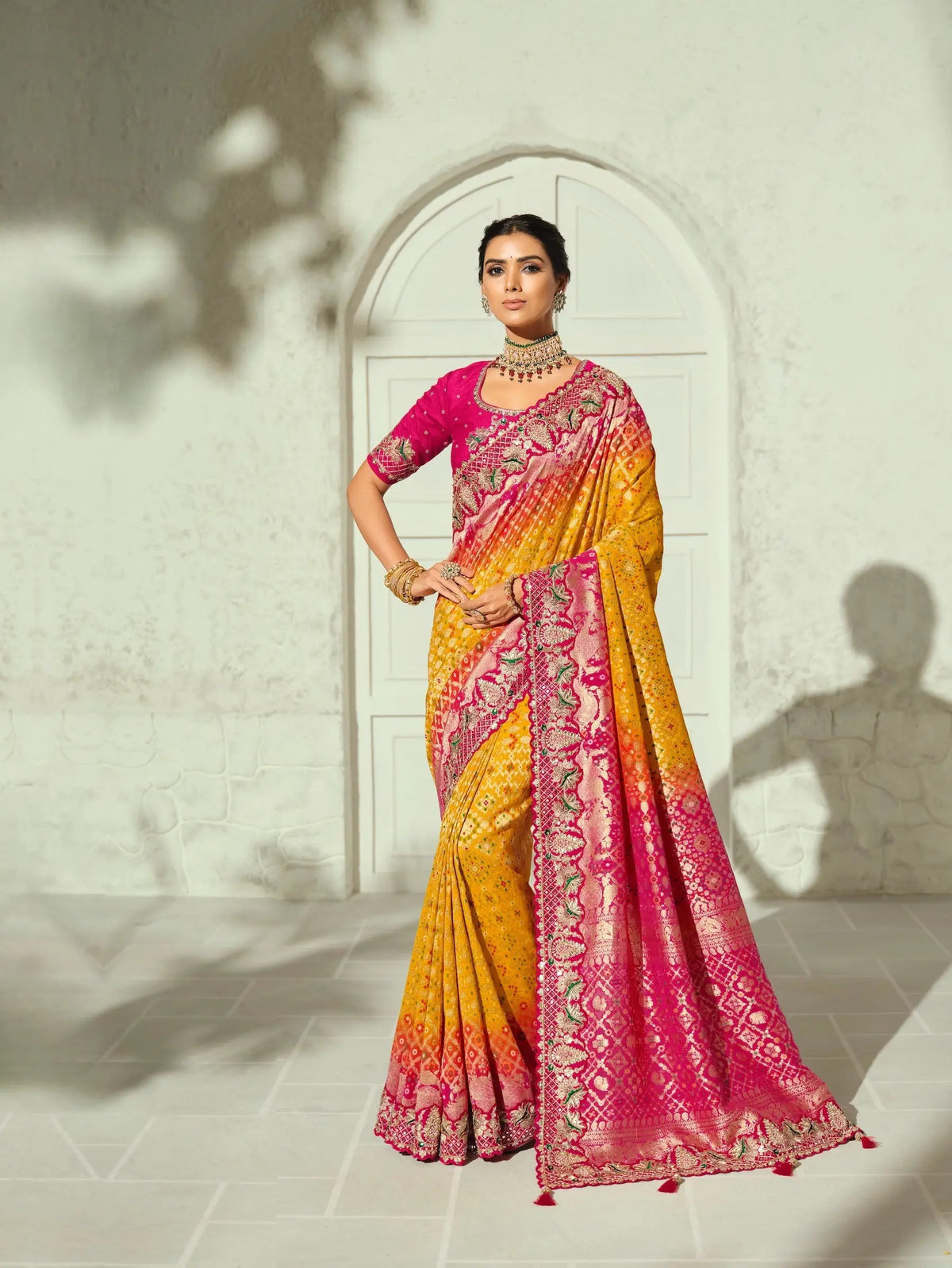 Yellow Georgette Heavy Bandhej Saree