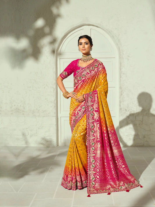 Yellow Georgette Heavy Bandhej Saree