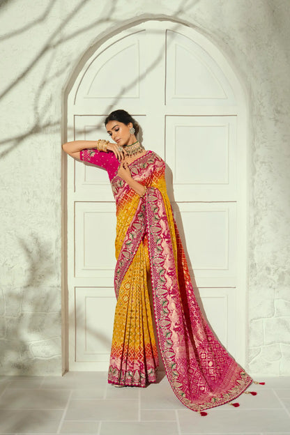 Yellow Georgette Heavy Bandhej Saree