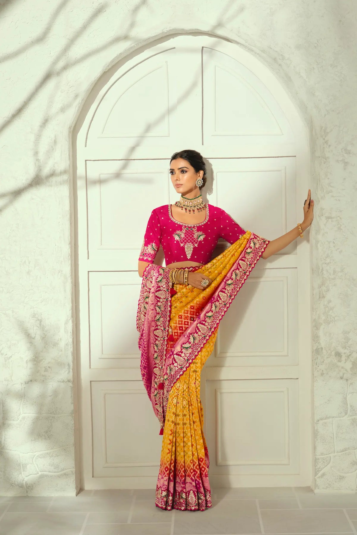 Yellow Georgette Heavy Bandhej Saree