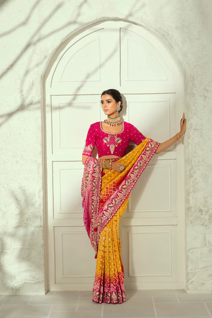 Yellow Georgette Heavy Bandhej Saree