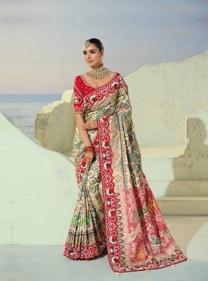 Ivory White Heavy Work Patola Saree