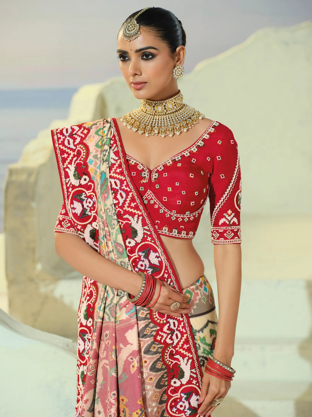 Ivory White Heavy Work Patola Saree