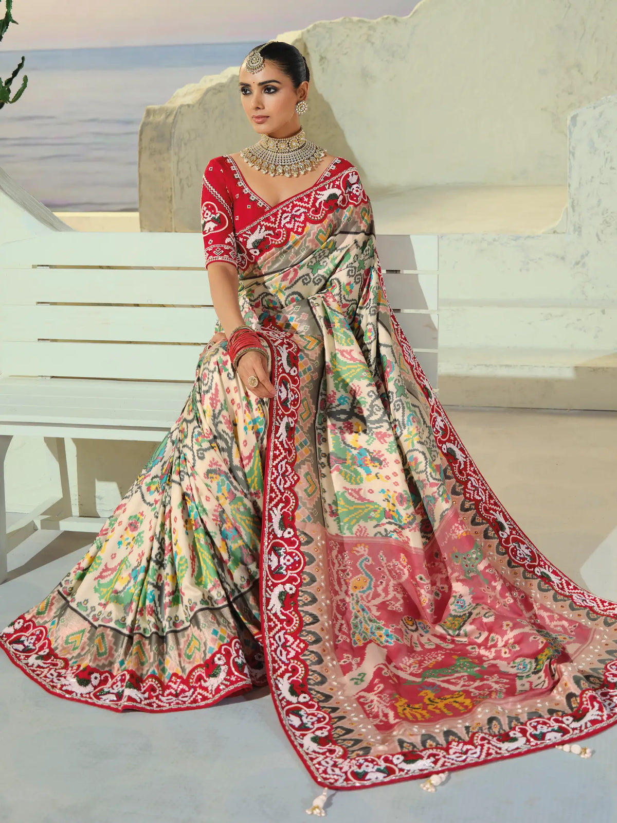 Ivory White Heavy Work Patola Saree