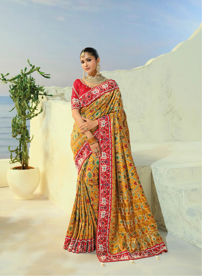 Mustard Gold Heavy Work Patola Saree