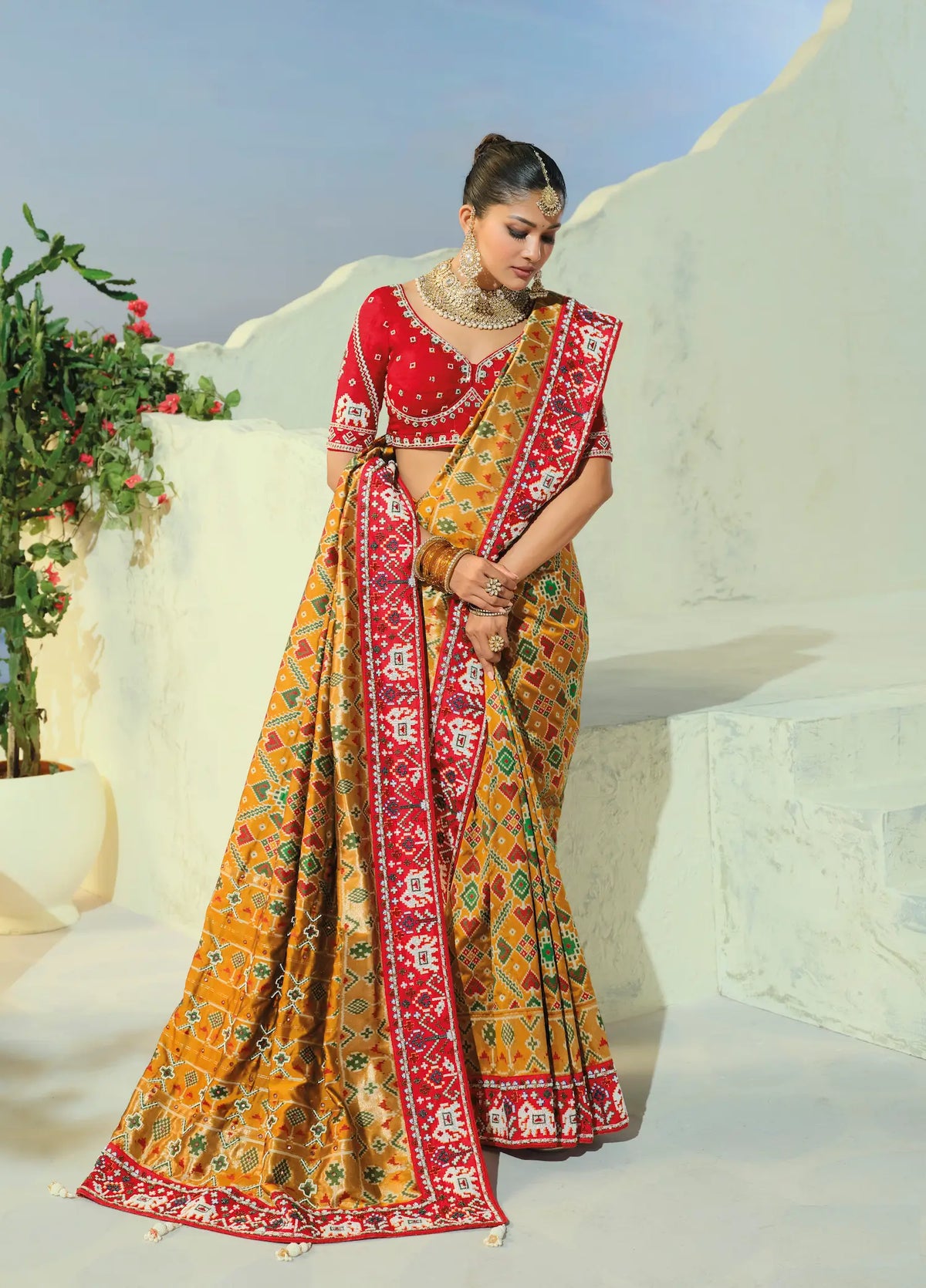 Mustard Gold Heavy Work Patola Saree