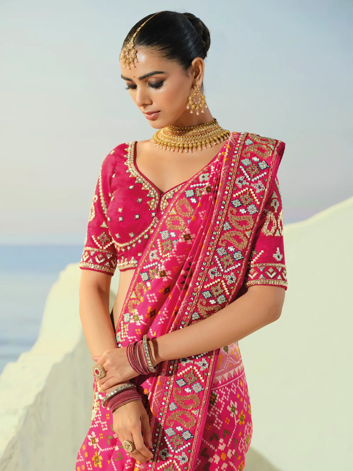 Fuchsia Pink Heavy Work Patola Saree