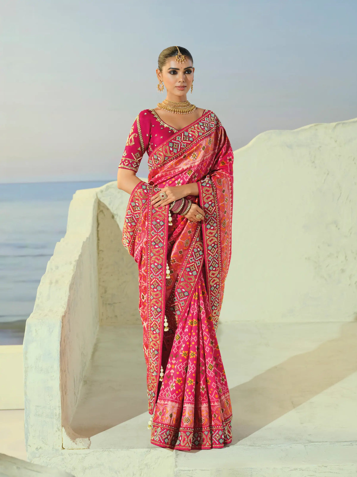 Fuchsia Pink Heavy Work Patola Saree