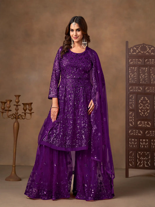Purple Net Embroidery Work Sharara Set