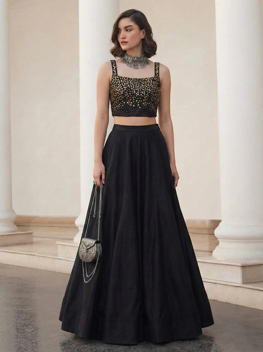 Designer Black Silk Beaded Indo Western