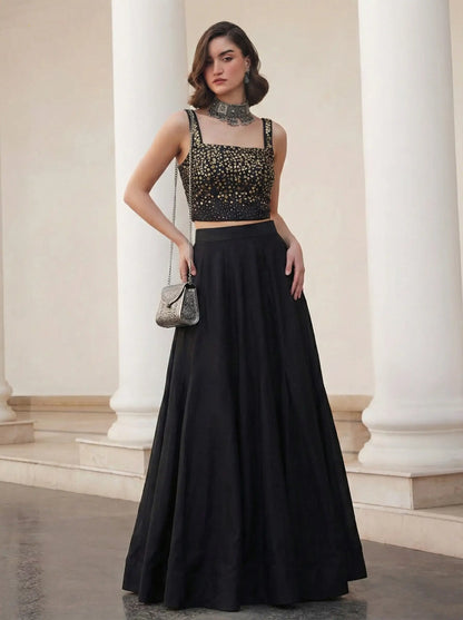 Designer Black Silk Beaded Indo Western