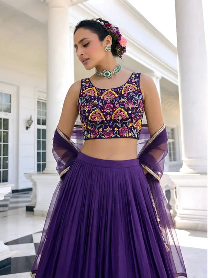 Dark Purple Embroidered Silk Lehenga