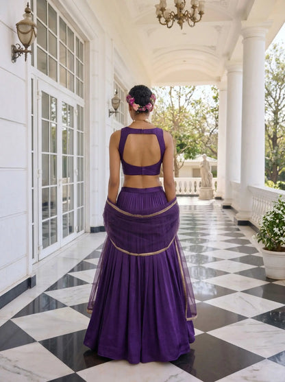 Dark Purple Embroidered Silk Lehenga