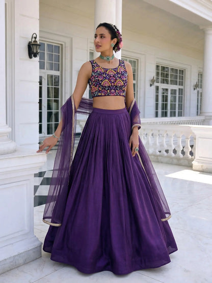 Dark Purple Embroidered Silk Lehenga