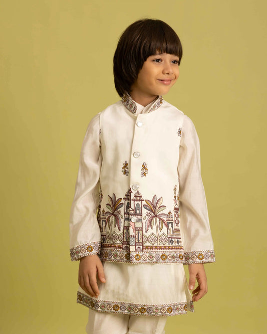 White Kurta Set With Thread Sequins Embroidery Work Koti