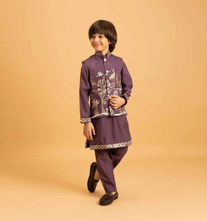 Purple Thread Sequins Embroidery Work Kurta Set With Koti