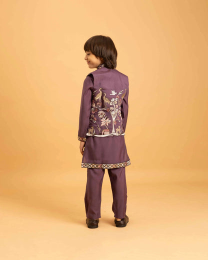 Purple Thread Sequins Embroidery Work Kurta Set With Koti