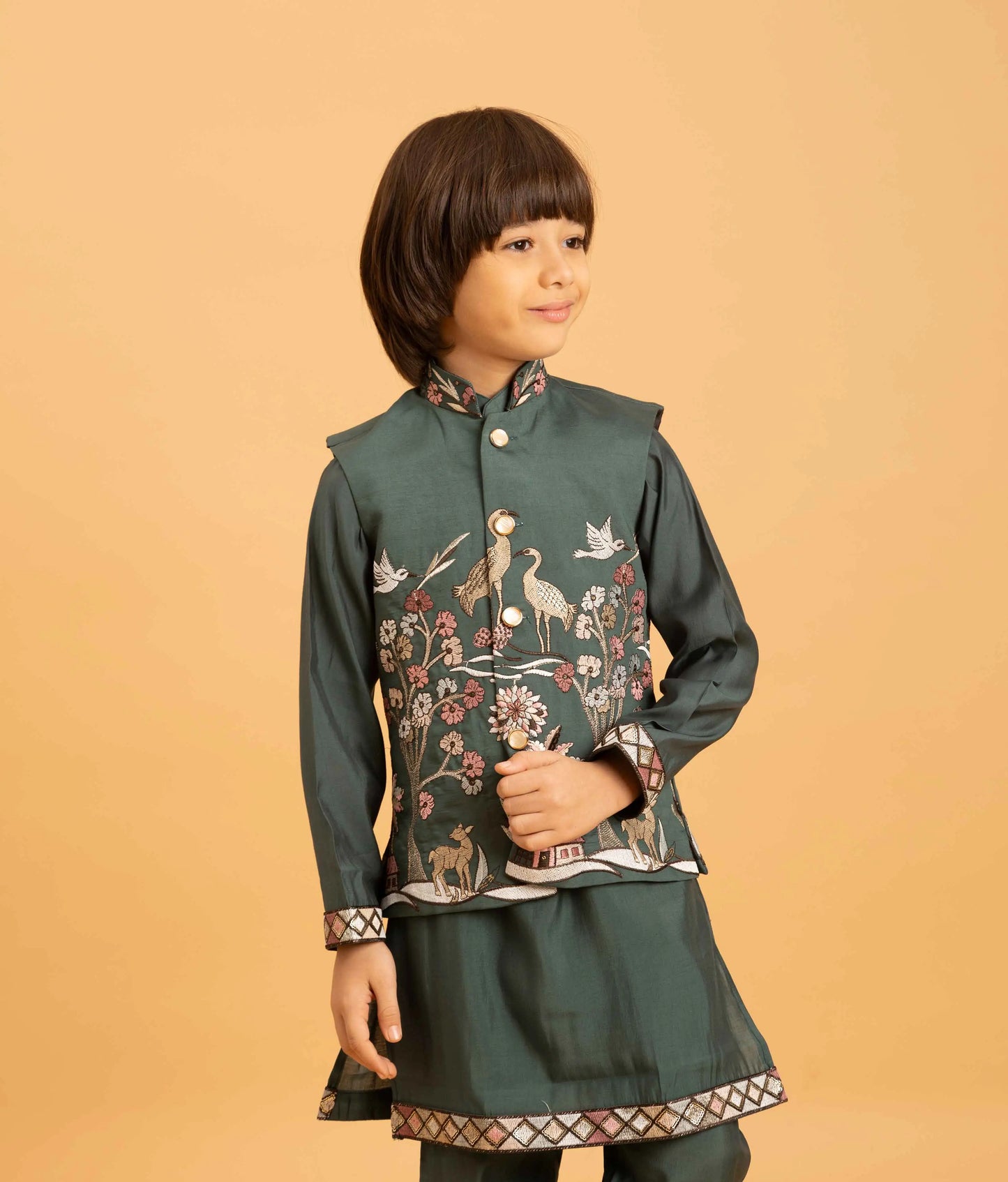 Green Thread Sequins Embroidery Work Kurta Set With Koti