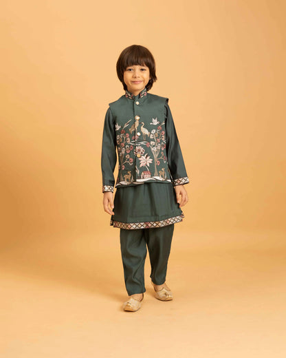 Green Thread Sequins Embroidery Work Kurta Set With Koti