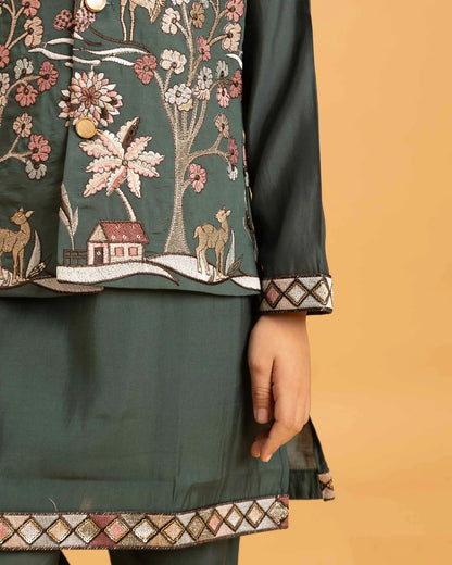 Green Thread Sequins Embroidery Work Kurta Set With Koti