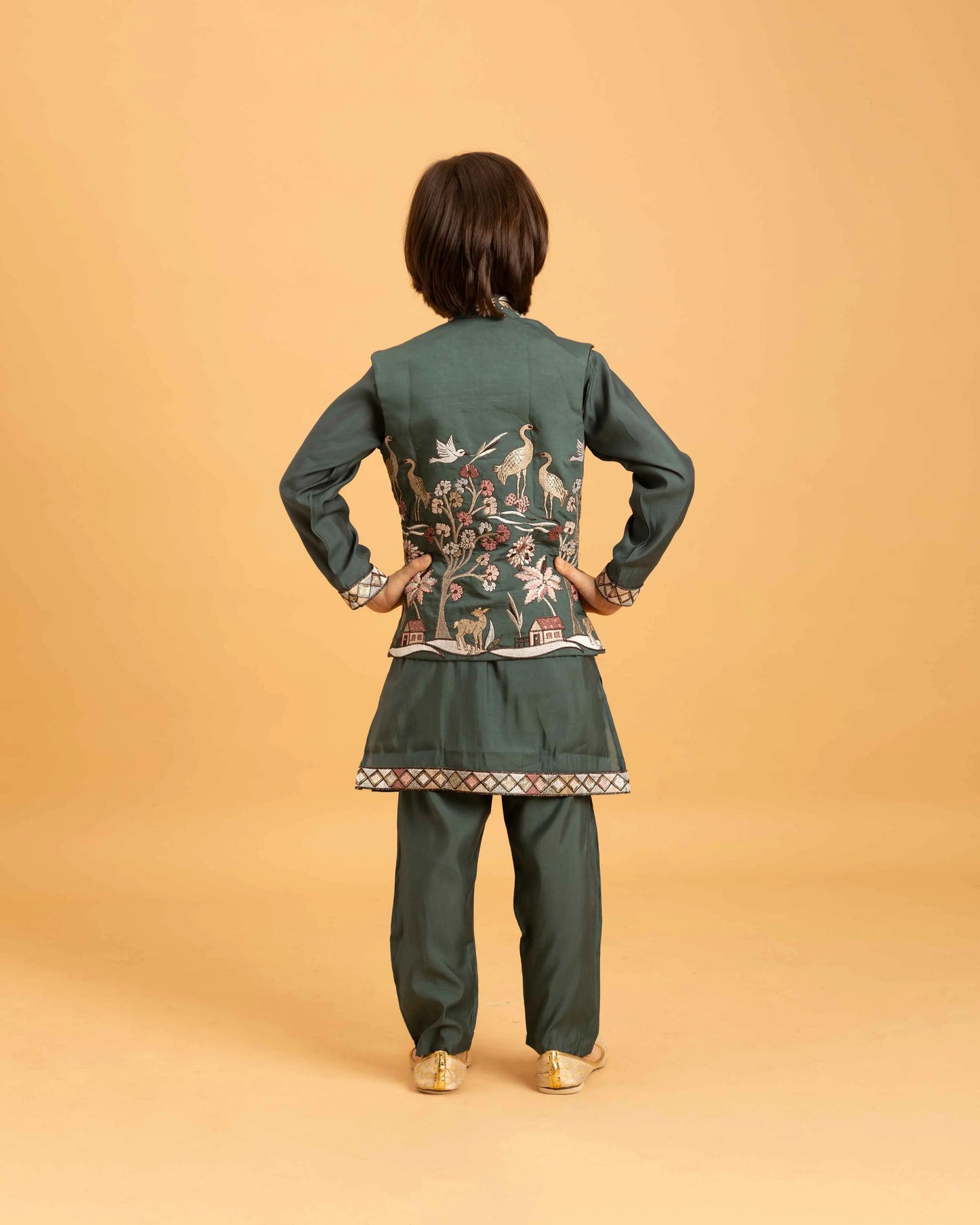 Green Thread Sequins Embroidery Work Kurta Set With Koti