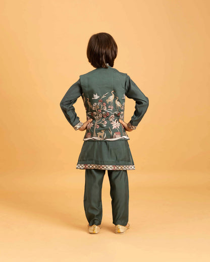 Green Thread Sequins Embroidery Work Kurta Set With Koti