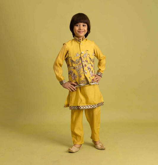 Yellow Thread Sequins Embroidery Work Kurta Set With Koti