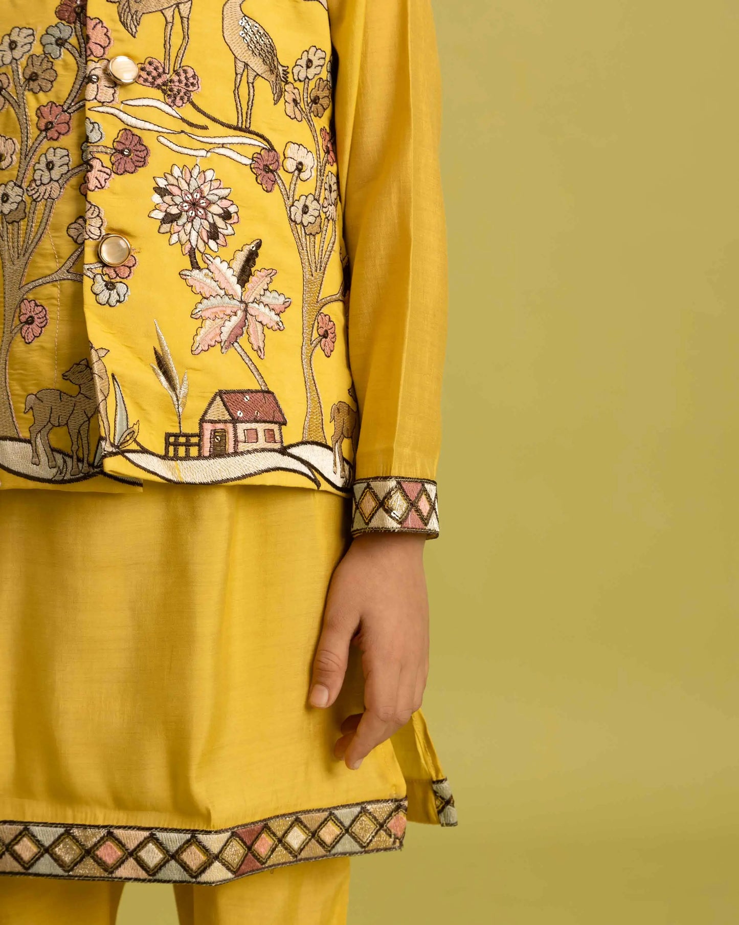 Yellow Thread Sequins Embroidery Work Kurta Set With Koti