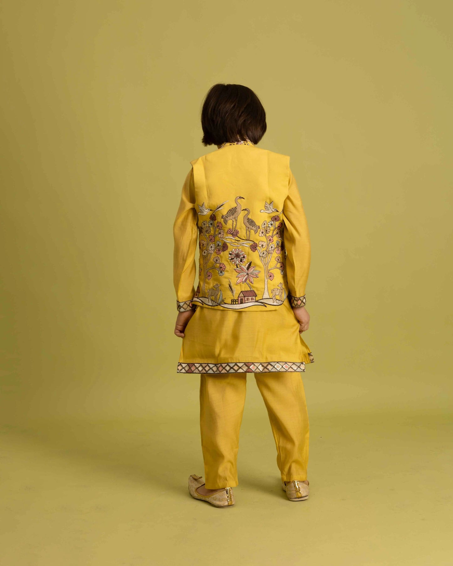 Yellow Thread Sequins Embroidery Work Kurta Set With Koti