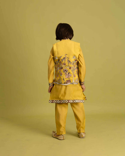 Yellow Thread Sequins Embroidery Work Kurta Set With Koti