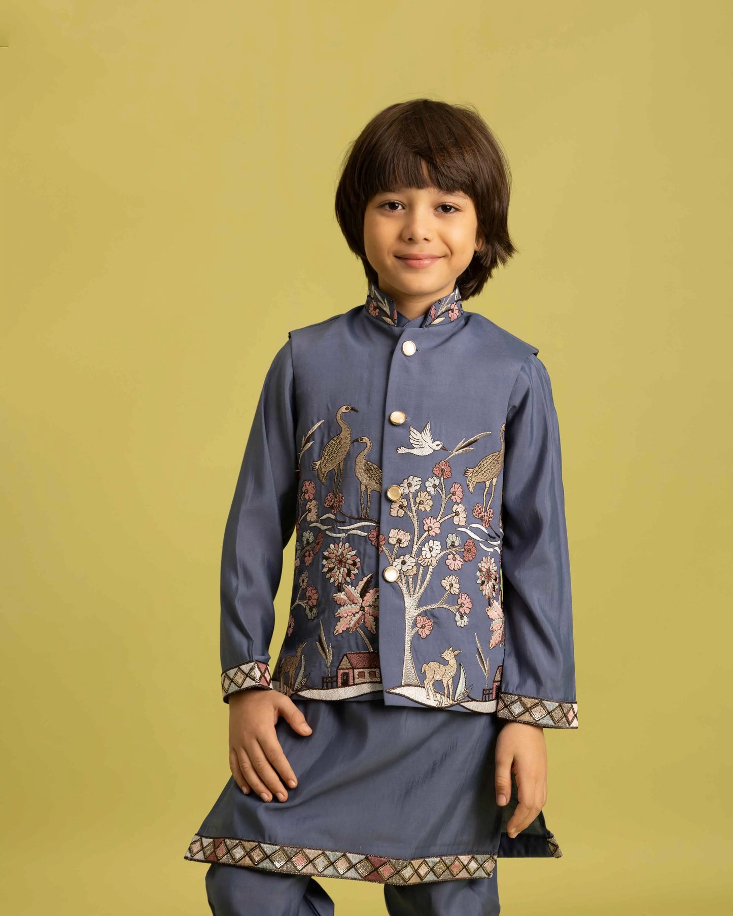 Blue Grey Thread Sequins Embroidery Kurta Set With Jacket