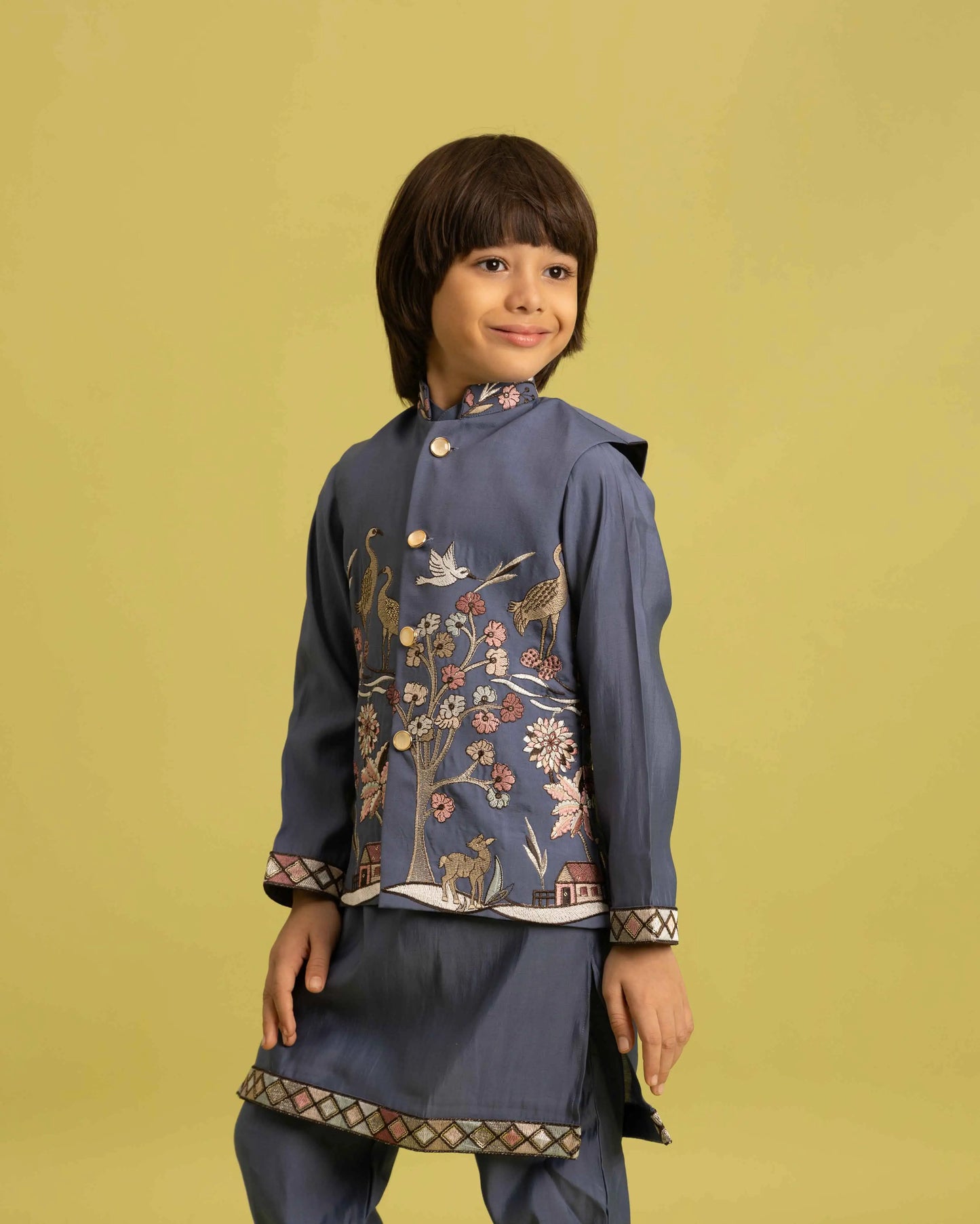 Blue Grey Thread Sequins Embroidery Kurta Set With Jacket