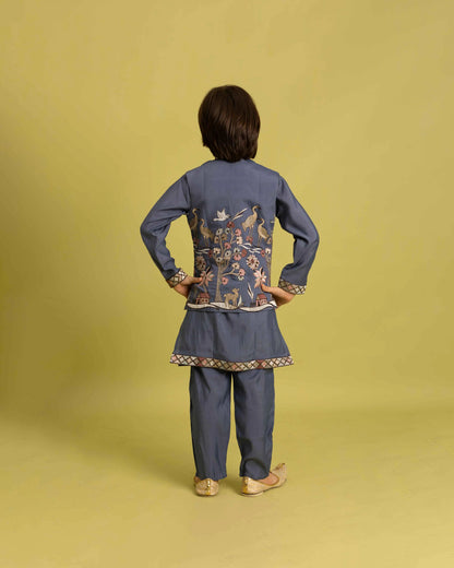 Blue Grey Thread Sequins Embroidery Kurta Set With Jacket