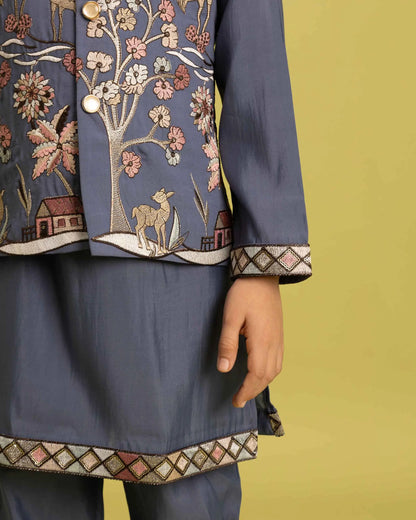 Blue Grey Thread Sequins Embroidery Kurta Set With Jacket