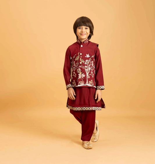 Maroon Thread Sequins Embroidery Work Kurta Set With Koti