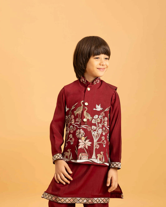 Maroon Thread Sequins Embroidery Work Kurta Set With Koti