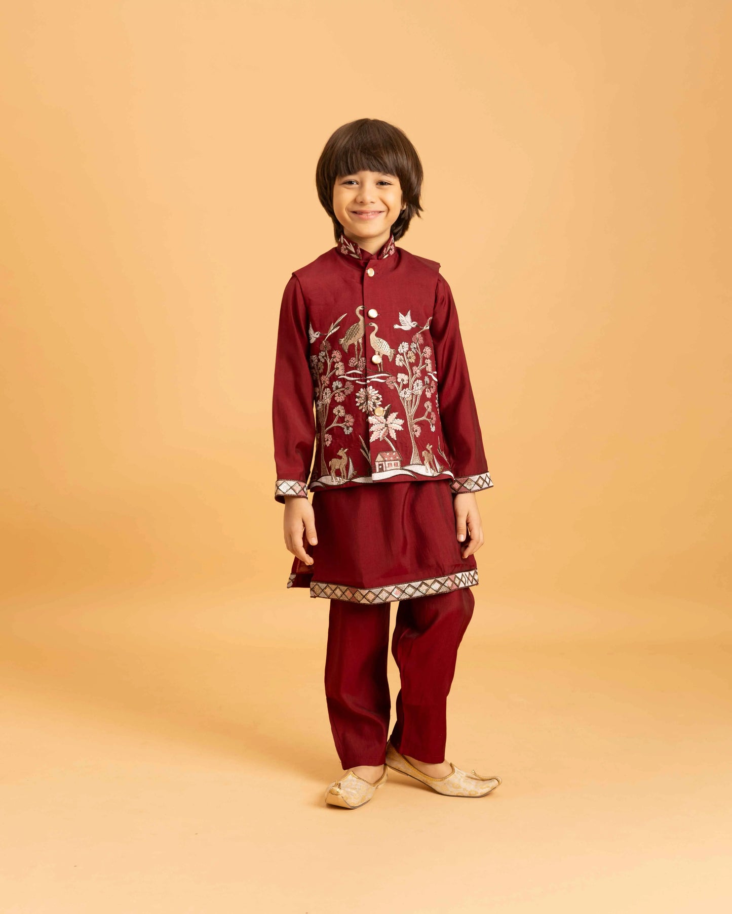 Maroon Thread Sequins Embroidery Work Kurta Set With Koti