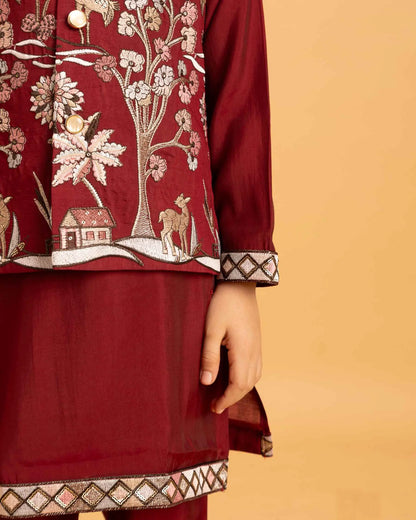 Maroon Thread Sequins Embroidery Work Kurta Set With Koti