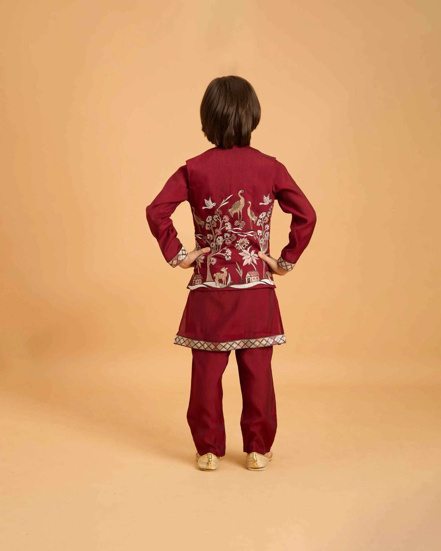 Maroon Thread Sequins Embroidery Work Kurta Set With Koti