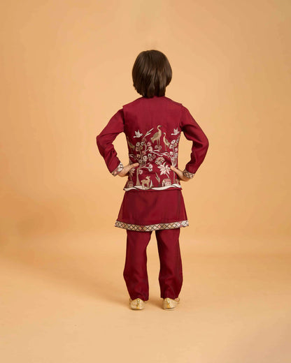 Maroon Thread Sequins Embroidery Work Kurta Set With Koti