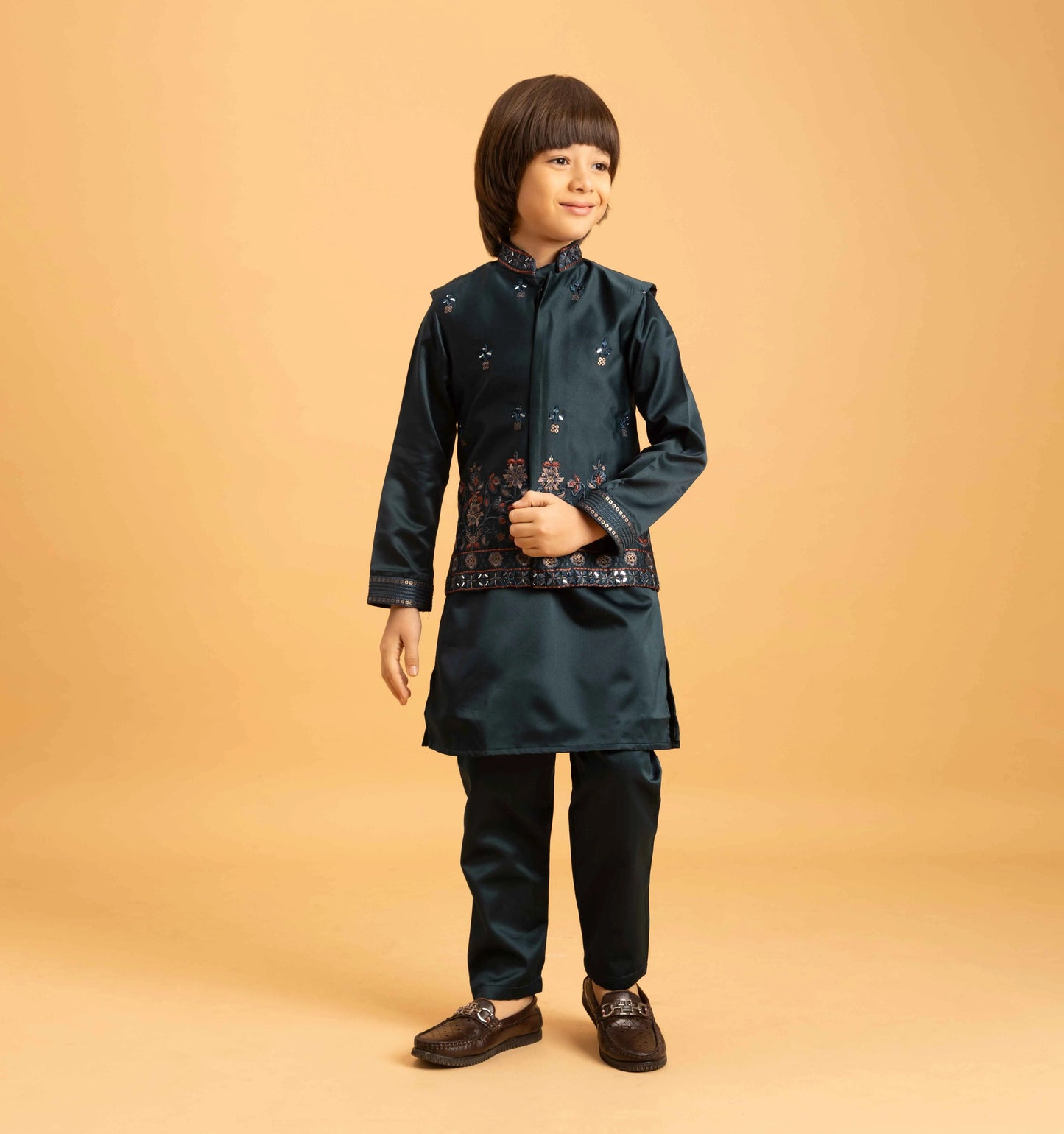 Teal Green Kurta Set With Mirror & Sequins Embroidered Koti