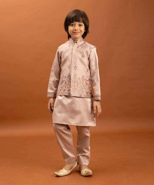 Rose Gold Kurta Set With Mirror & Sequins Embroidered Koti