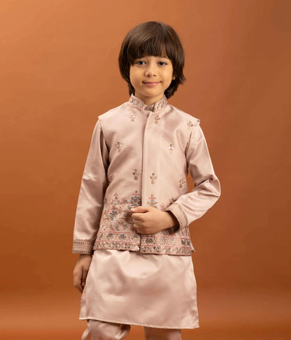 Rose Gold Kurta Set With Mirror & Sequins Embroidered Koti